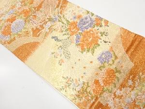 菊に牡丹・孔雀模様織出し袋帯